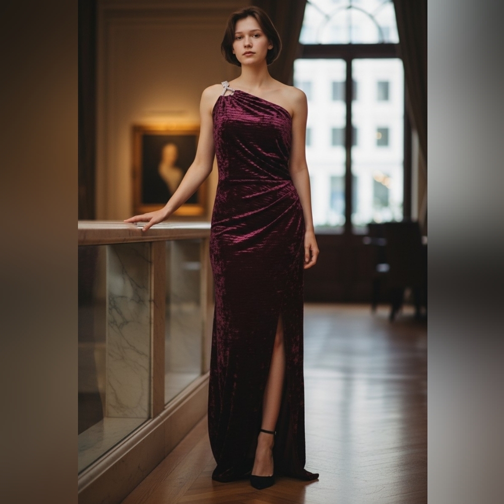 Crystal One Shoulder Crushed Velvet Gown